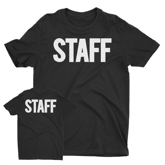 Black White Men's Staff T-Shirt Front Back Print Tee Event Uniform Screen Printed Tshirt