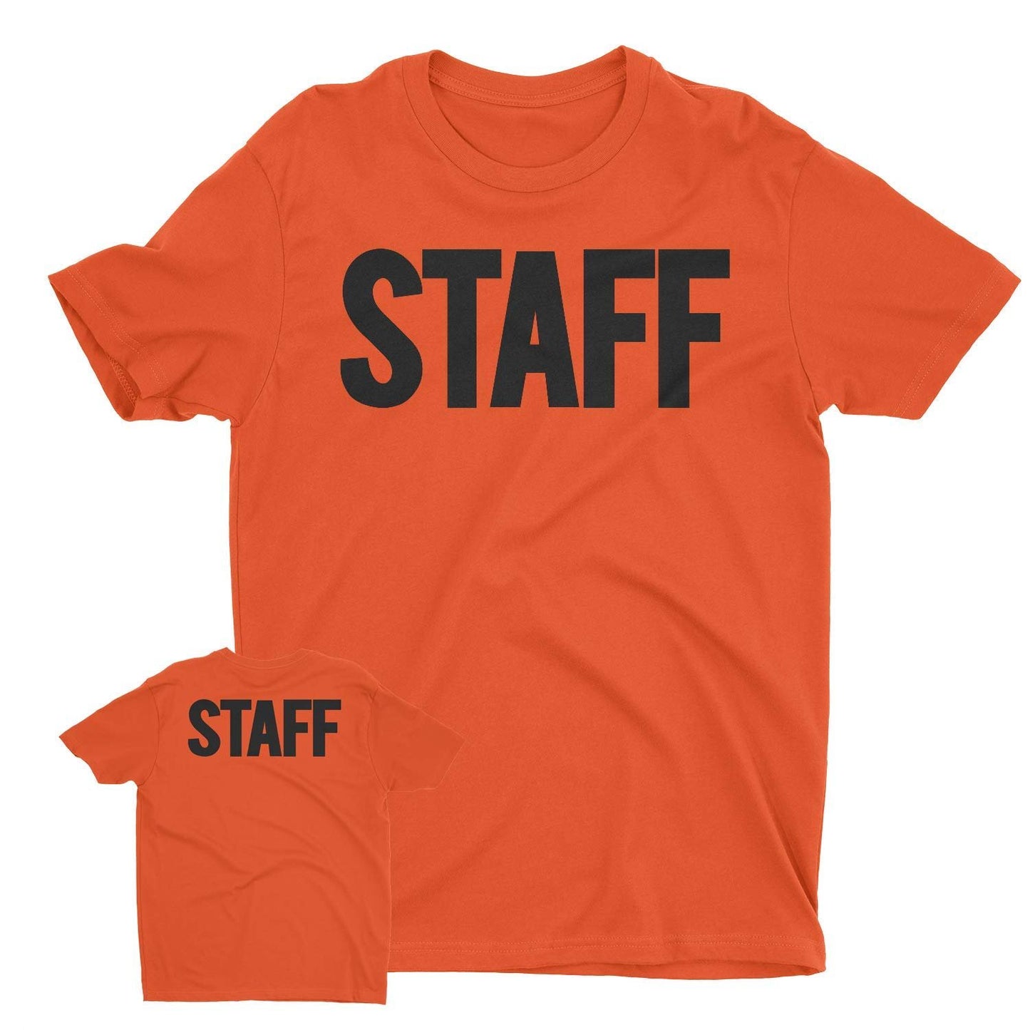 Safety Orange Men's Staff T-Shirt Front Back Print Tee Event Uniform Screen Printed Tshirt