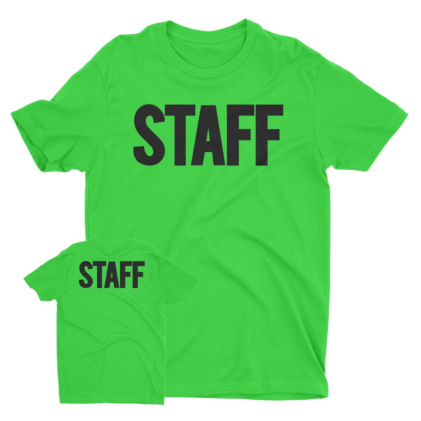 Neon Green Men's Staff T-Shirt Front Back Print Tee Event Uniform Screen Printed Tshirt