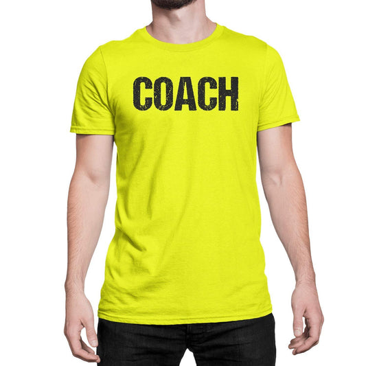 Coach T-Shirt Adult Mens Neon Tee Shirt Front Screen Printed Coaching Tshirt Safety Green