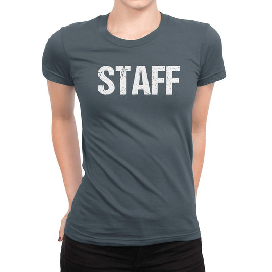 Ladies Charcoal Staff T-Shirt Front & Back Print Event Shirt Womens Tee