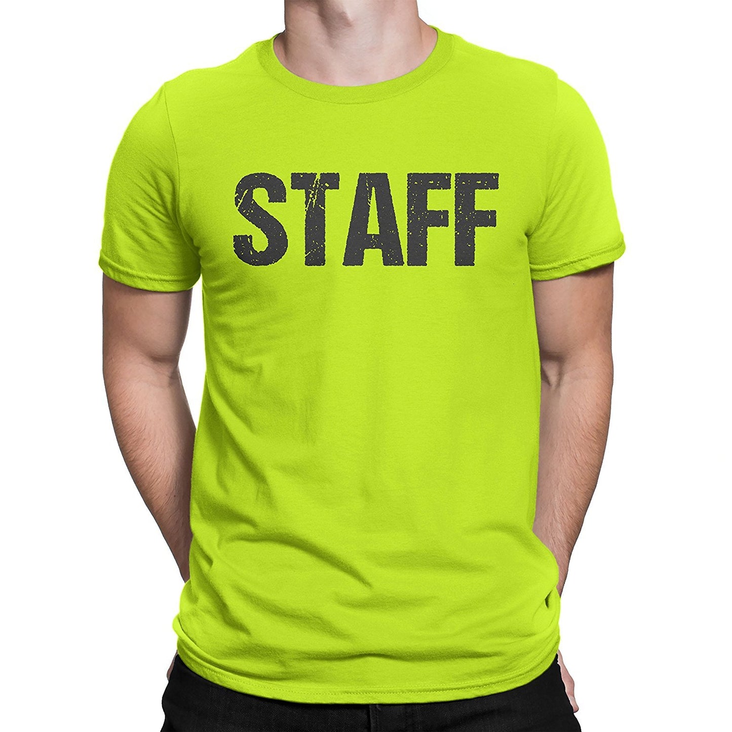 OFFICIAL  Neon Staff T-Shirt Front & Back Print Mens Event Shirt Yellow Tee