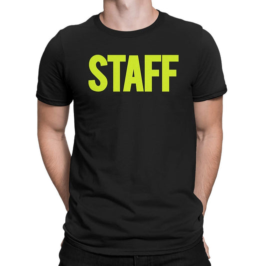 Black Neon Men's Staff T-Shirt Front Back Print Tee Event Uniform Screen Printed Tshirt