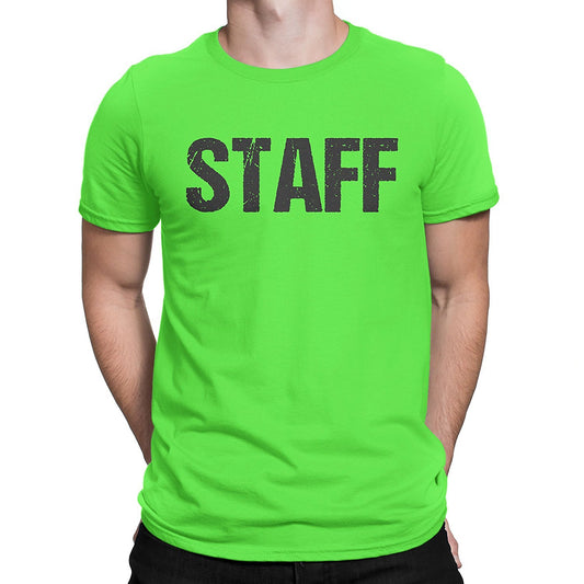 Neon Green Staff T-Shirt Front & Back Print Mens Event Shirt Tee