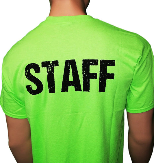 Neon Green Staff T-Shirt Front & Back Print Mens Event Shirt Tee