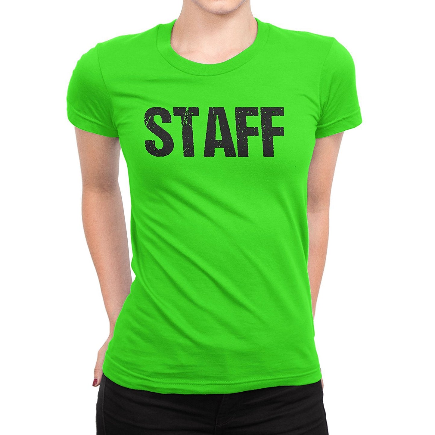 Ladies Neon Green Staff T-Shirt Front & Back Print Event Shirt Womens Tee