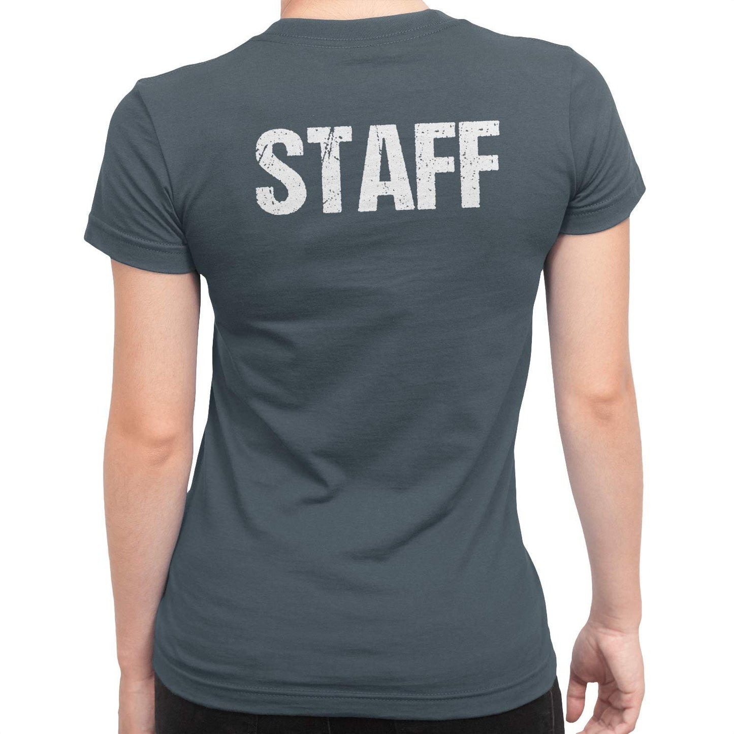 Ladies Charcoal Staff T-Shirt Front & Back Print Event Shirt Womens Tee