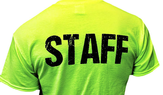 OFFICIAL  Neon Staff T-Shirt Front & Back Print Mens Event Shirt Yellow Tee