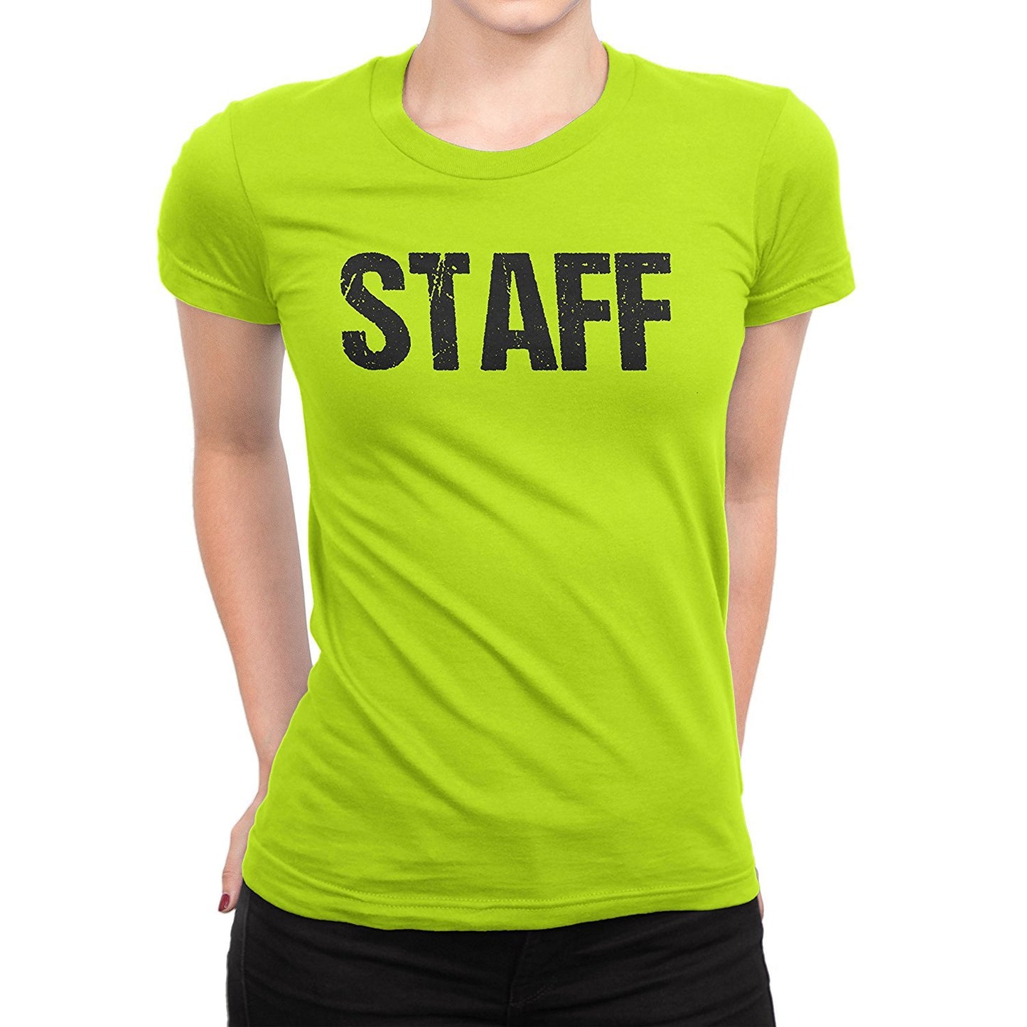 Ladies Neon Yellow Safety Green Staff T-Shirt Front & Back Print Event Shirt Womens Tee