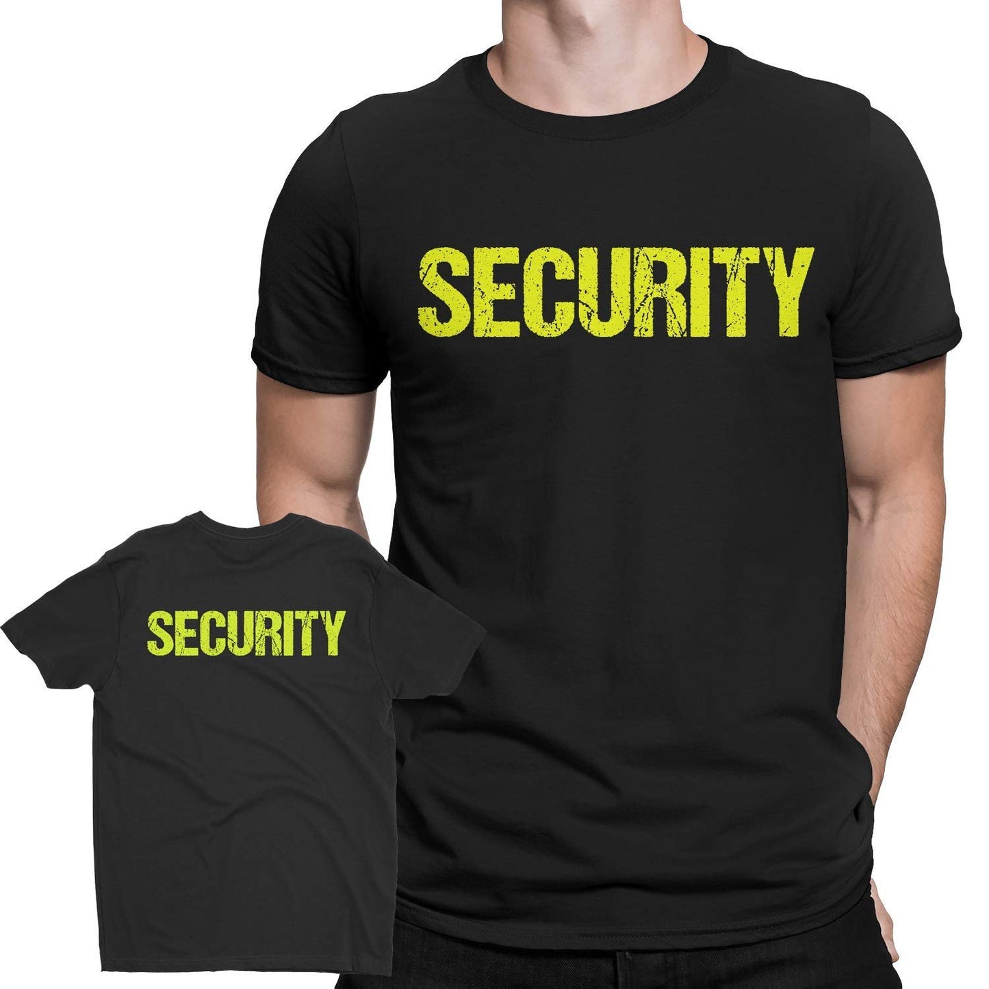 Security T-Shirt Black Mens Neon Tee Staff Event Front & Back Print