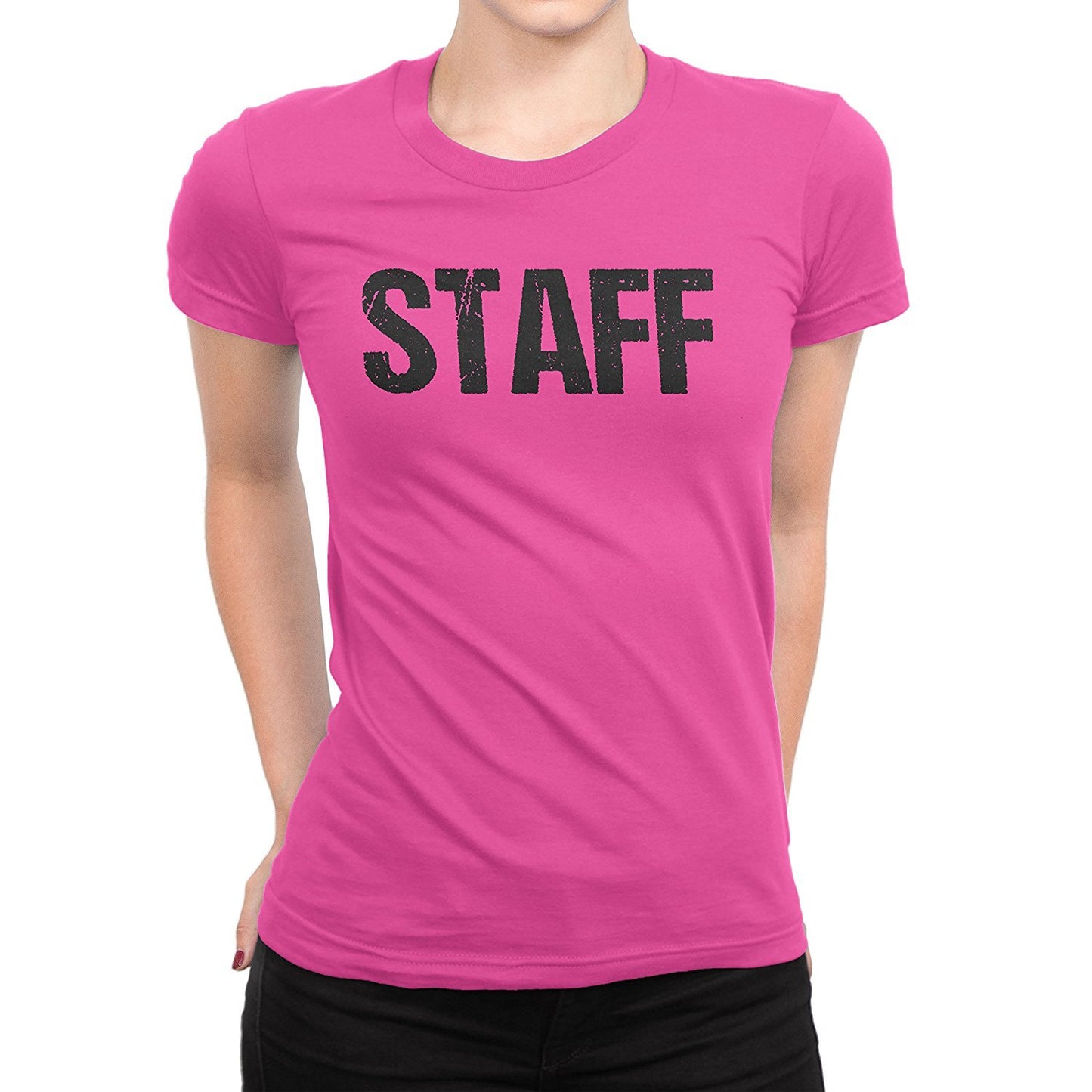 Ladies Neon Safety Pink Staff T-Shirt Front & Back Print Event Shirt Tee