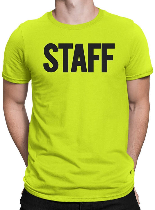 Men's Staff T-Shirt Safety Green Neon Front Back Print Tee Event Uniform Screen Printed Tshirt