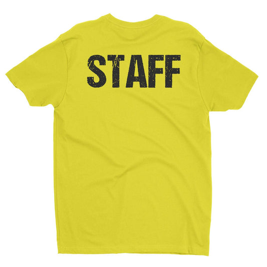 Bright Yellow Staff T-Shirt Front & Back Print Mens Event Shirt Tee