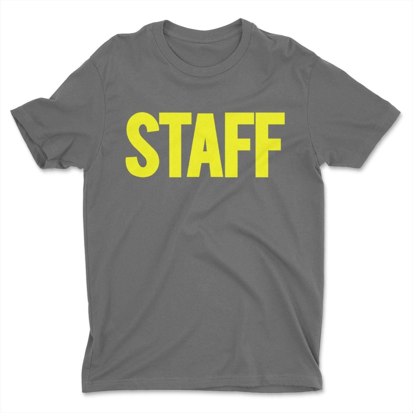 Men's Staff T-Shirt Black Neon Front Back Print Tee Event Uniform Screen Printed Tshirt