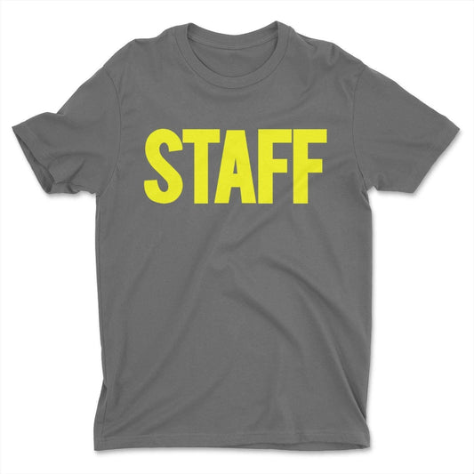 Men's Staff T-Shirt Black Neon Front Back Print Tee Event Uniform Screen Printed Tshirt